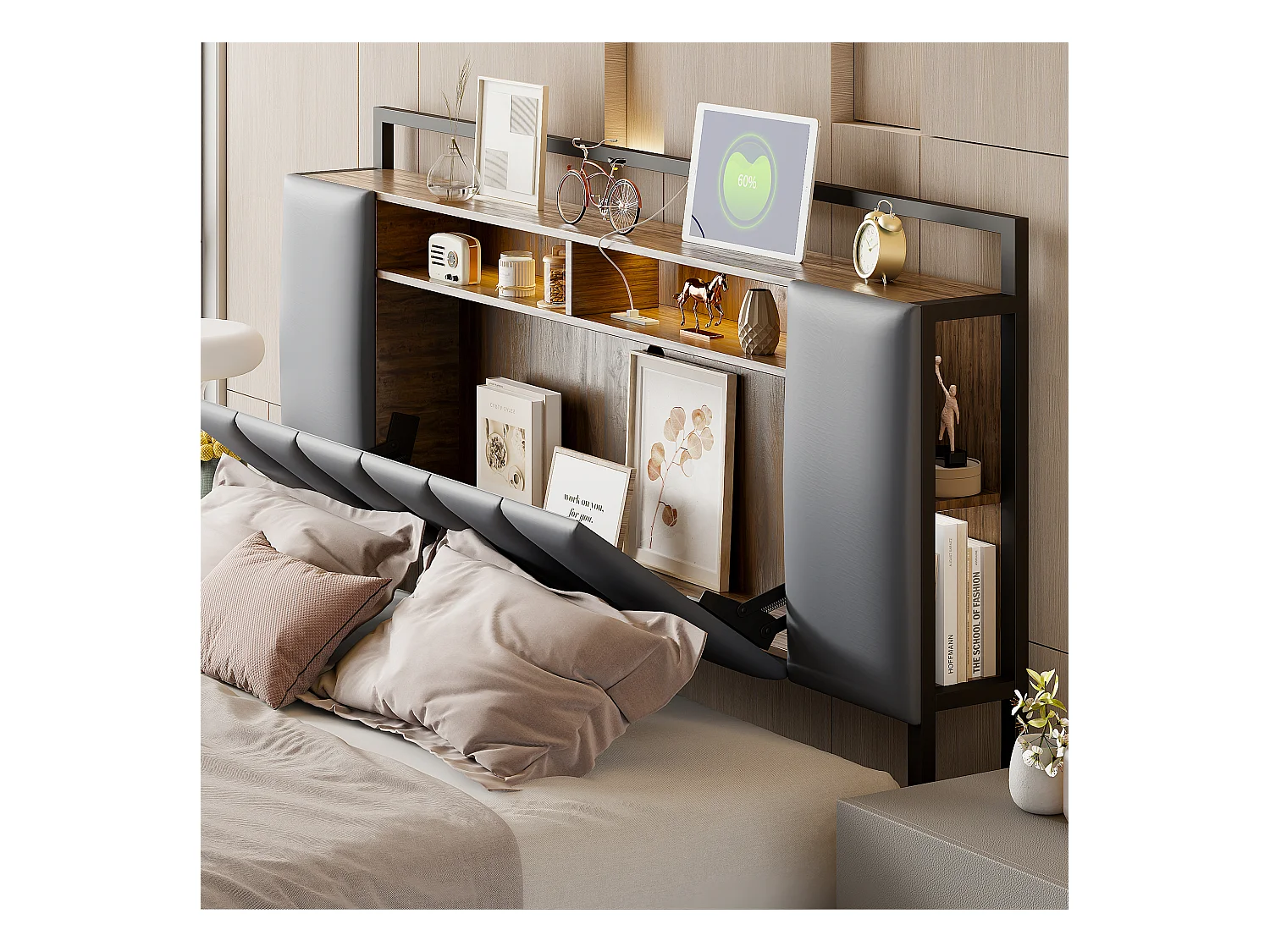 Cama doble con almacenaje LED, toma USB, cabecero 160x200cm con patas, gris