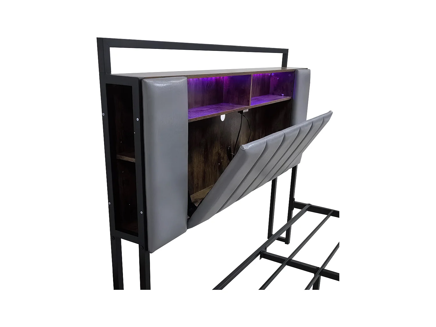 Cama doble con almacenaje LED, toma USB, cabecero 160x200cm con patas, gris