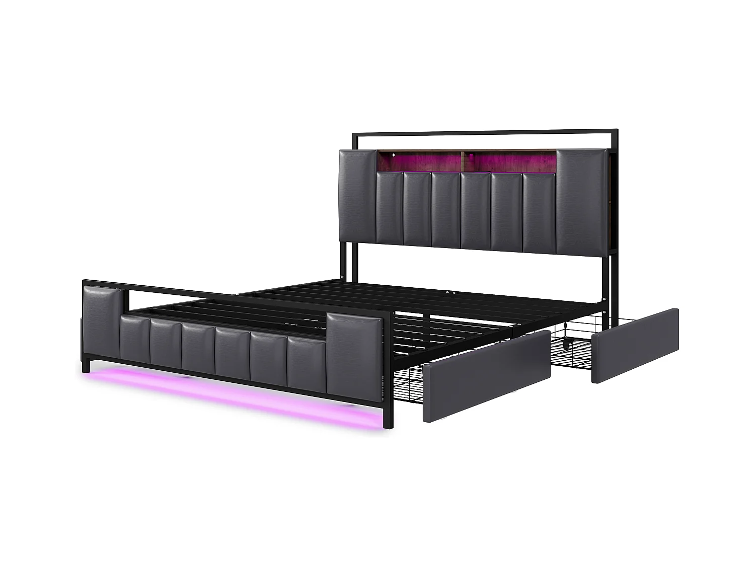 Cama doble con almacenaje LED, toma USB, cabecero 160x200cm con patas, gris