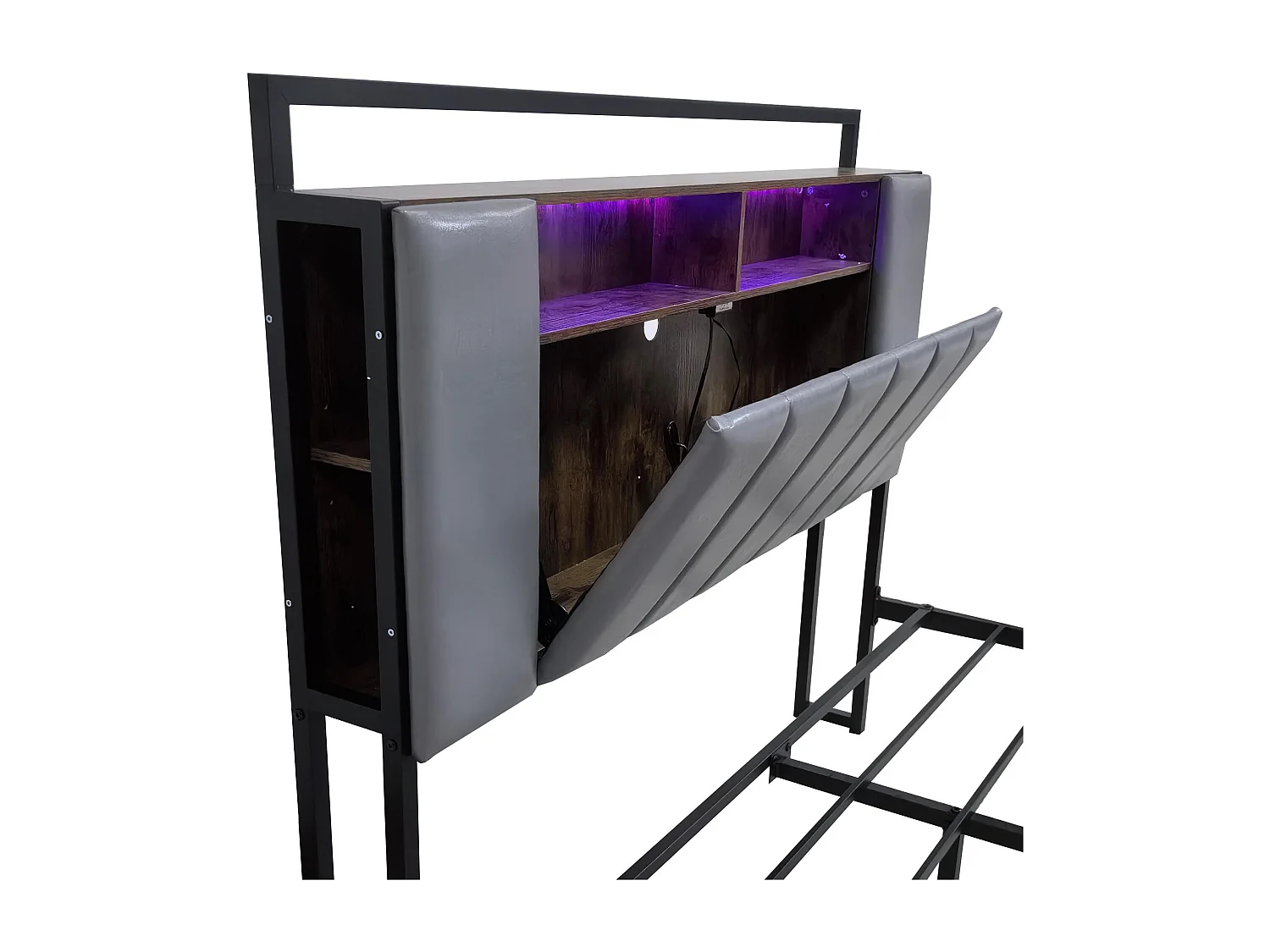 Lit avec Rangement lit Deux Place LED, Prise USB, avec tête de sommier 160x200cm avec Pieds, Gris