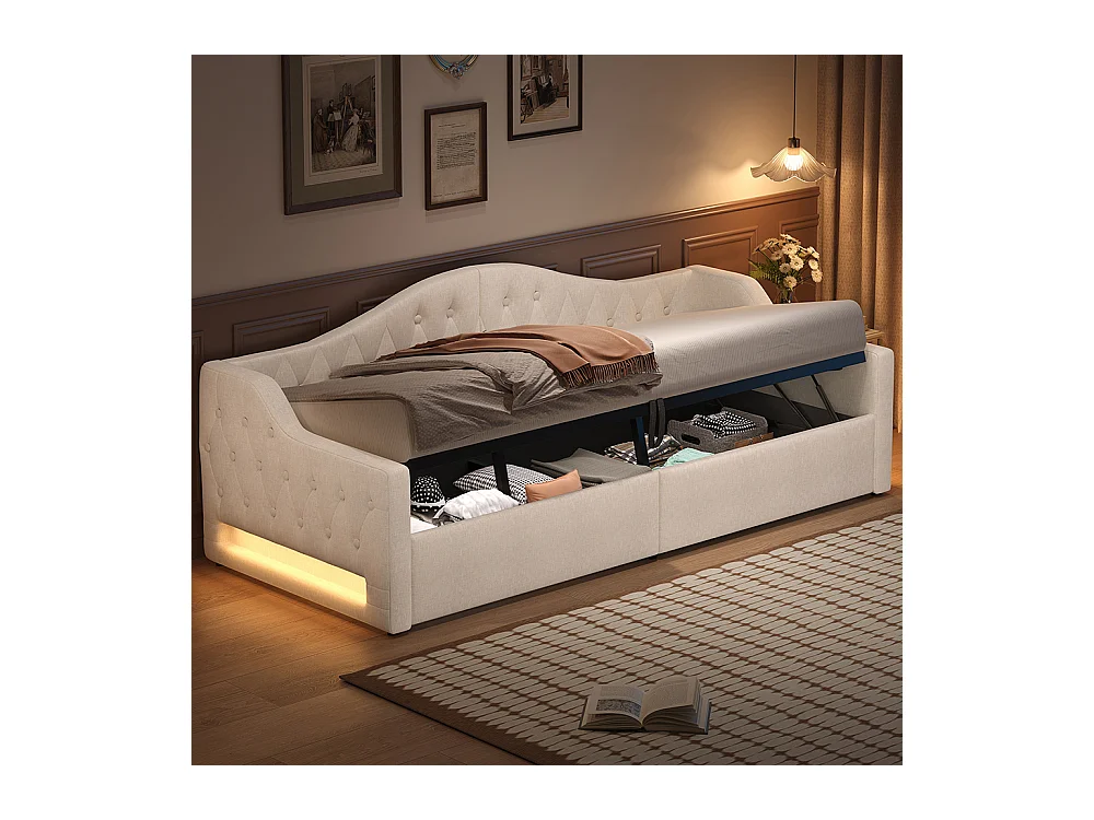 Lit banquette rembourré 90x200 bande LED rangement dessous beige