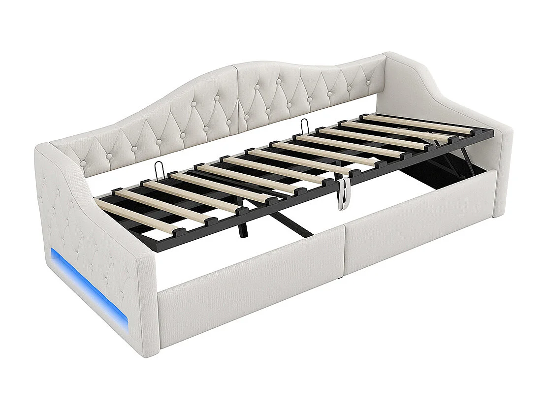 Lit banquette rembourré 90x200 bande LED rangement dessous beige