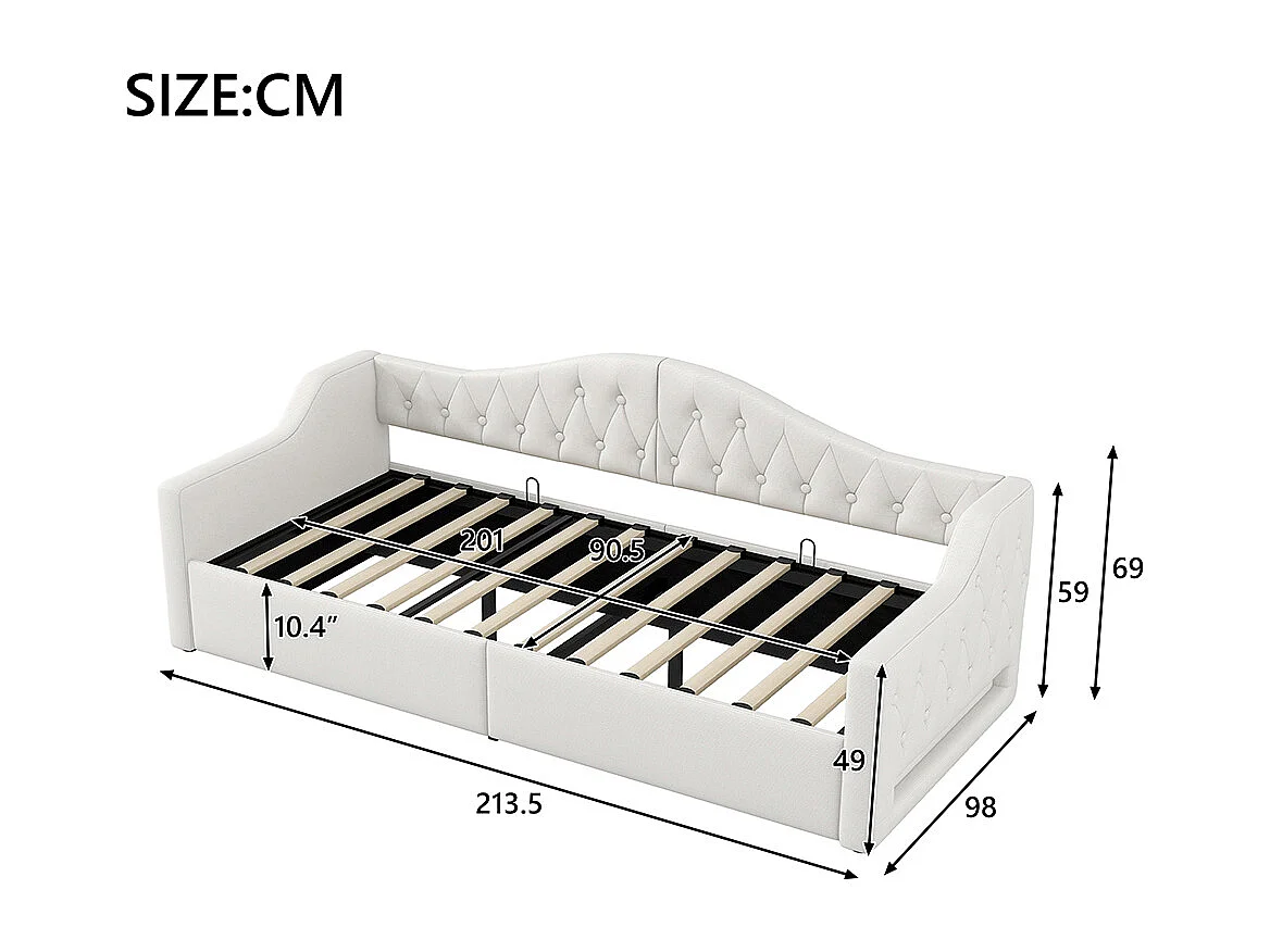 Lit banquette rembourré 90x200 bande LED rangement dessous beige