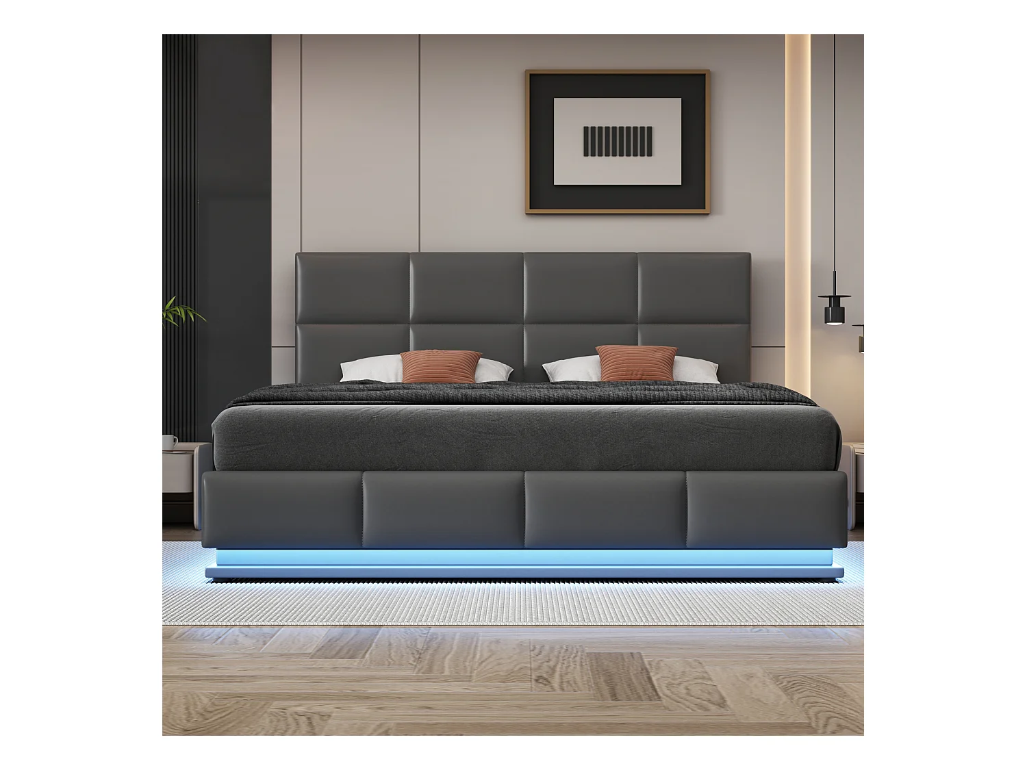 Lit double 180 x 200 cm, rembourré, avec espace de rangement,  avec LED, avec sommier à lattes, gris