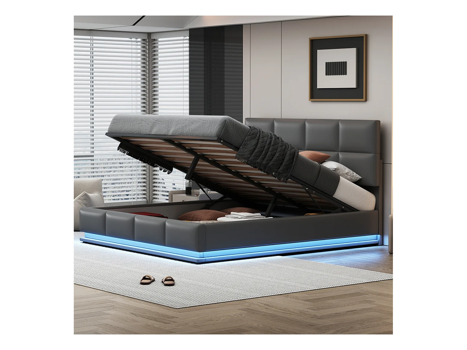 Lit double 180 x 200 cm, rembourré, avec espace de rangement,  avec LED, avec sommier à lattes, gris