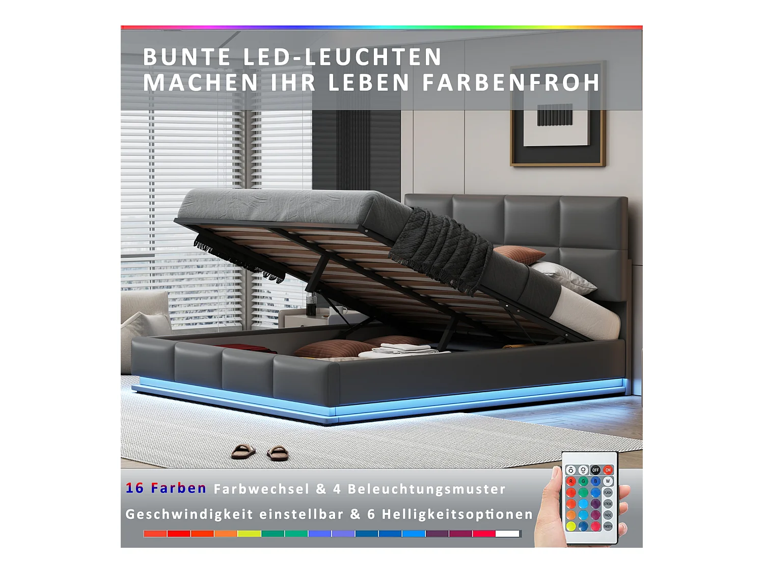 Lit double 180 x 200 cm, rembourré, avec espace de rangement,  avec LED, avec sommier à lattes, gris