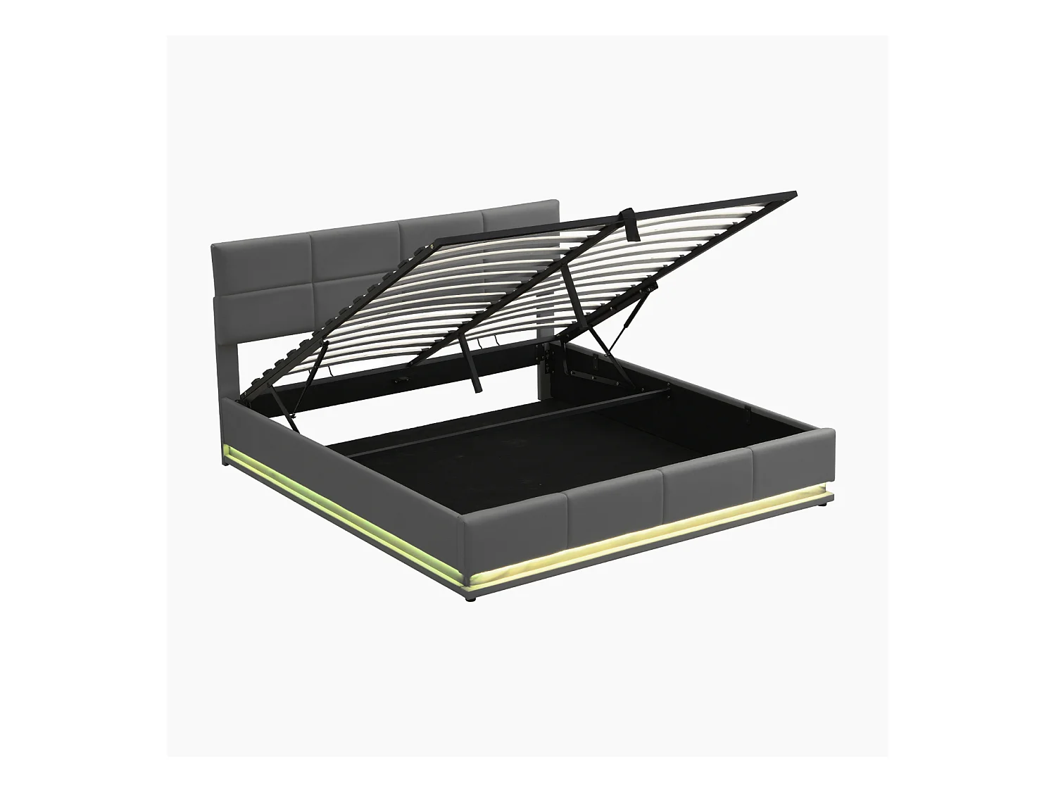 Lit double 180 x 200 cm, rembourré, avec espace de rangement,  avec LED, avec sommier à lattes, gris