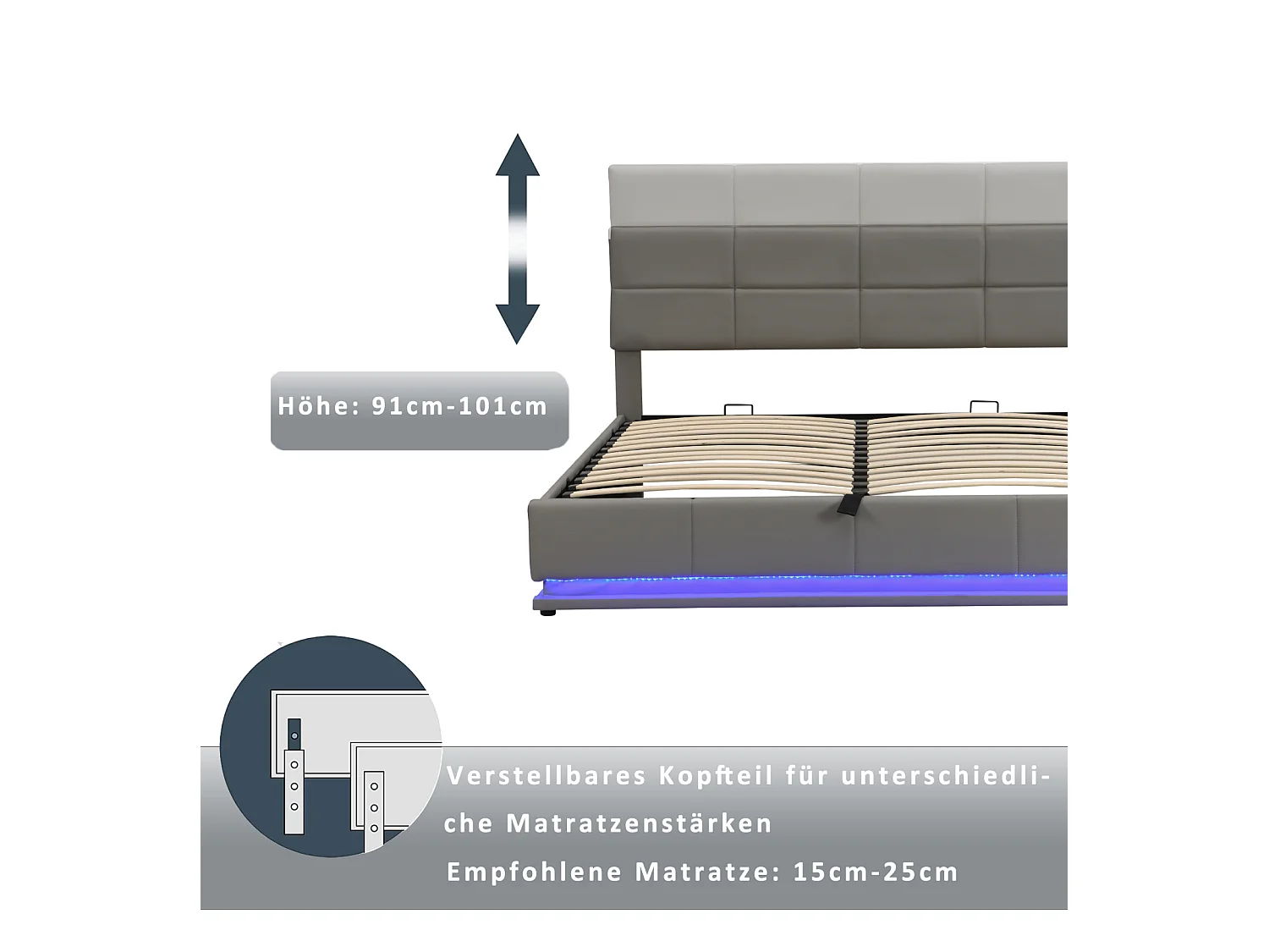 Lit double 180 x 200 cm, rembourré, avec espace de rangement,  avec LED, avec sommier à lattes, gris