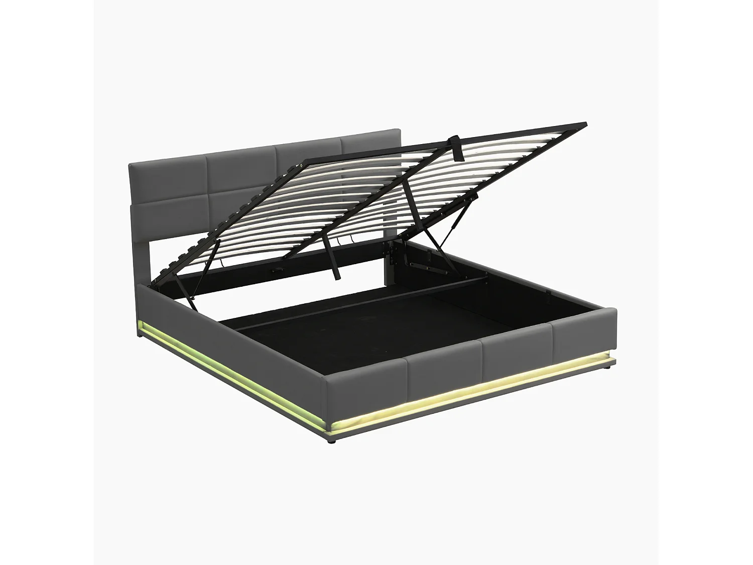 Cama doble 180 x 200 cm, tapizada, con espacio de almacenaje, con LED, con somier de láminas, gris