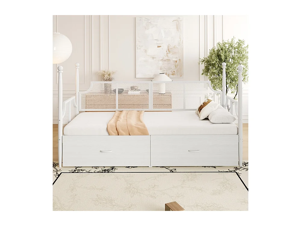 Lit banquette en fer 90x200 dossier en filet vintage entouré de hauts supports en colonne structure en métal avec compartiments de rangement blanc