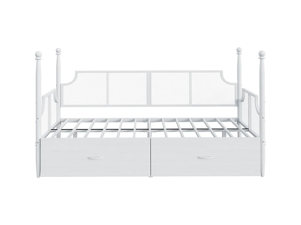 Lit banquette en fer 90x200 dossier en filet vintage entouré de hauts supports en colonne structure en métal avec compartiments de rangement blanc