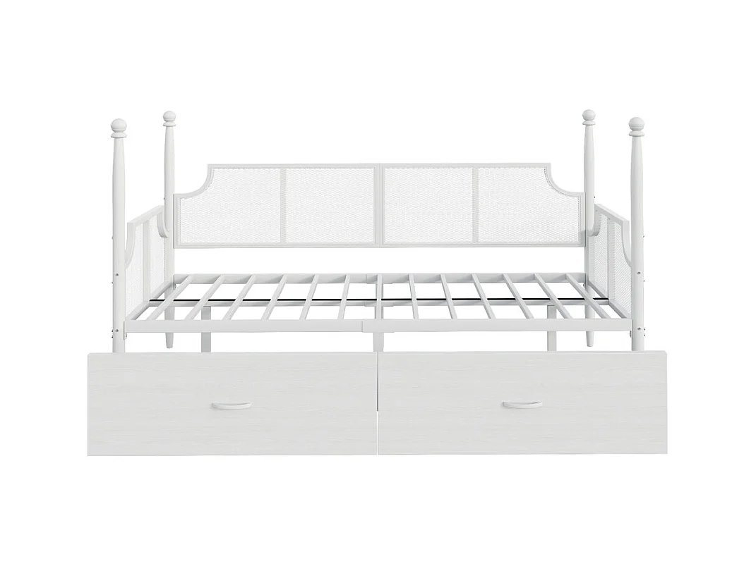 Lit banquette en fer 90x200 dossier en filet vintage entouré de hauts supports en colonne structure en métal avec compartiments de rangement blanc