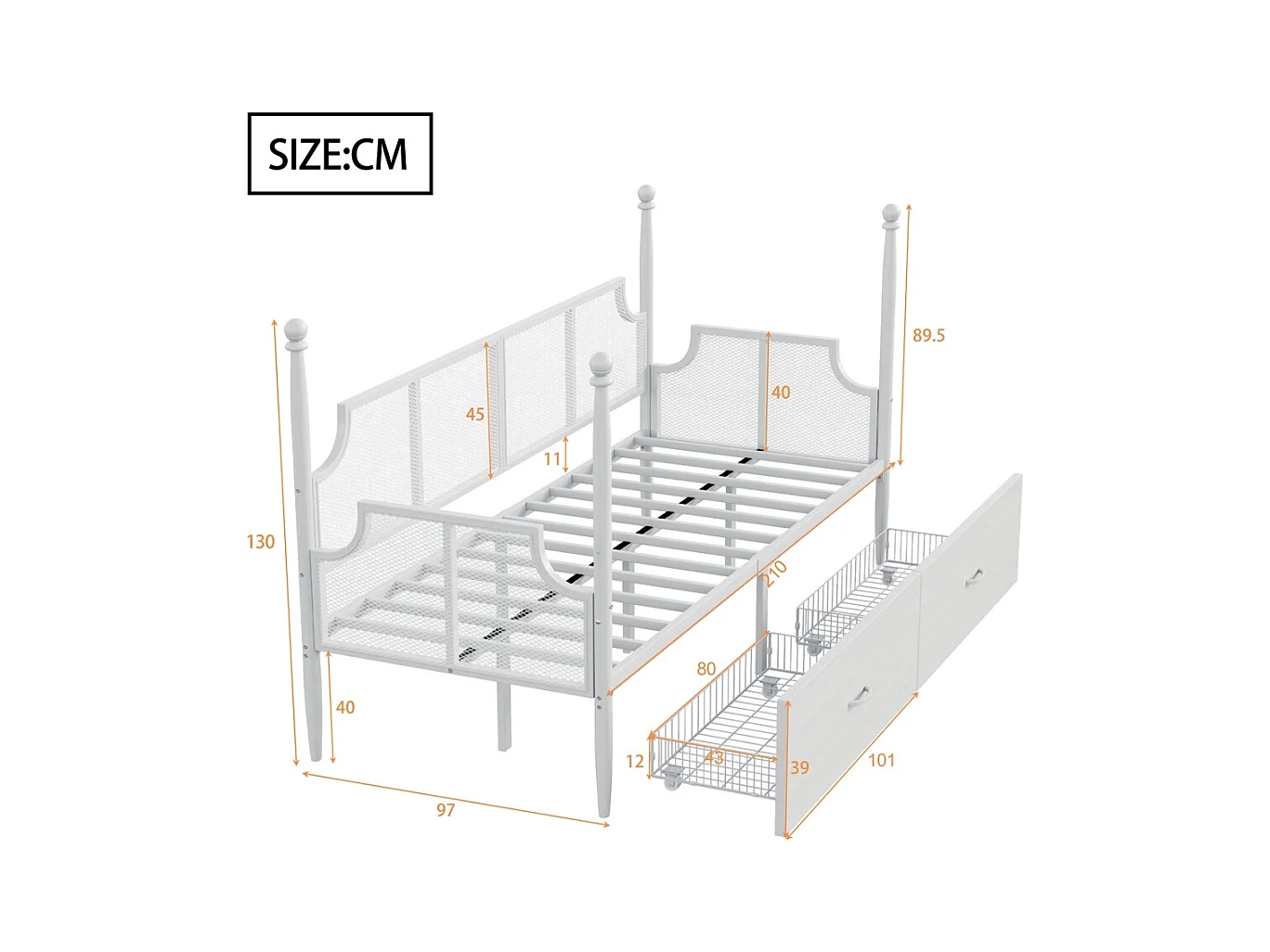 Lit banquette en fer 90x200 dossier en filet vintage entouré de hauts supports en colonne structure en métal avec compartiments de rangement blanc