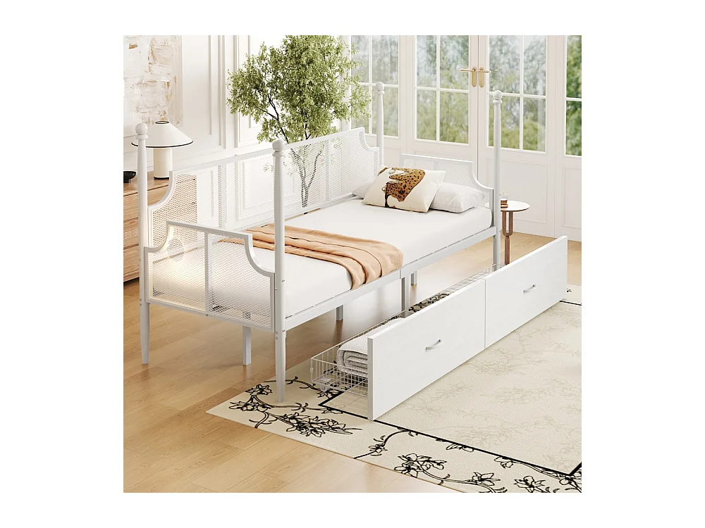 Lit banquette en fer 90x200 dossier en filet vintage entouré de hauts supports en colonne structure en métal avec compartiments de rangement blanc