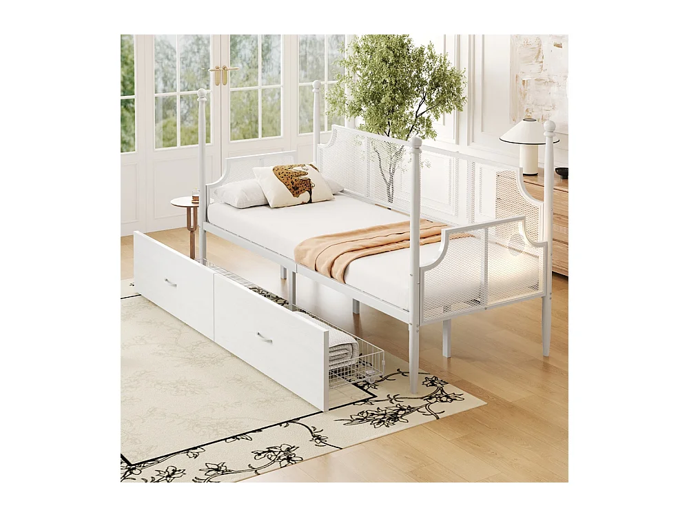 Lit banquette en fer 90x200 dossier en filet vintage entouré de hauts supports en colonne structure en métal avec compartiments de rangement blanc