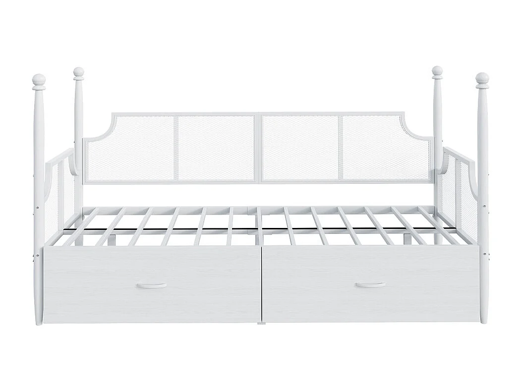 Lit banquette en fer 90x200 dossier en filet vintage entouré de hauts supports en colonne structure en métal avec compartiments de rangement blanc