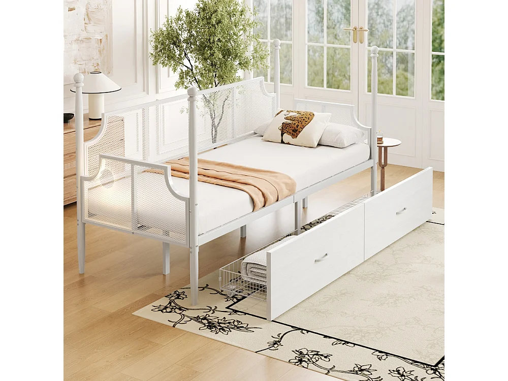 Lit banquette en fer 90x200 dossier en filet vintage entouré de hauts supports en colonne structure en métal avec compartiments de rangement blanc