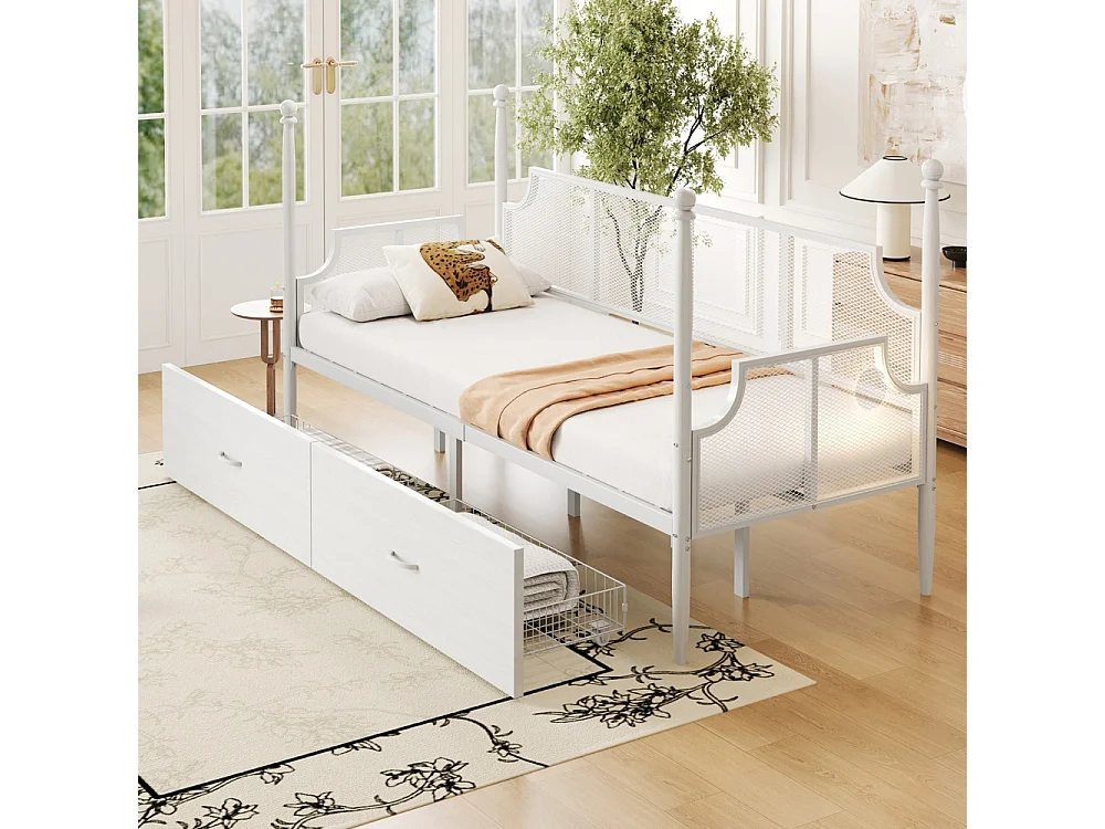 Lit banquette en fer 90x200 dossier en filet vintage entouré de hauts supports en colonne structure en métal avec compartiments de rangement blanc