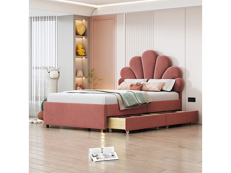 Cama de casal 90x200cm com cabeceira de flores, base de ripas, veludo, vermelho