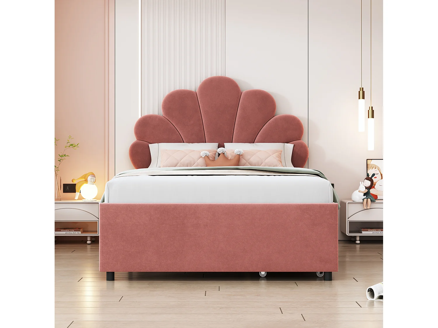 Lit Double 90x200cm Avec Tête de Lit en Forme de Fleur, Sommier à Lattes, Velours, Rouge