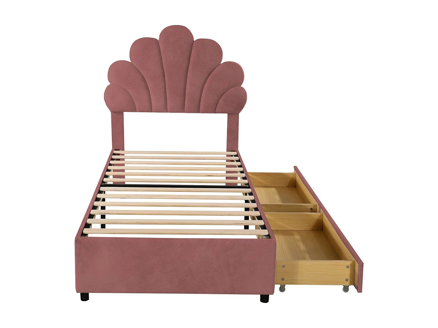 Lit Double 90x200cm Avec Tête de Lit en Forme de Fleur, Sommier à Lattes, Velours, Rouge