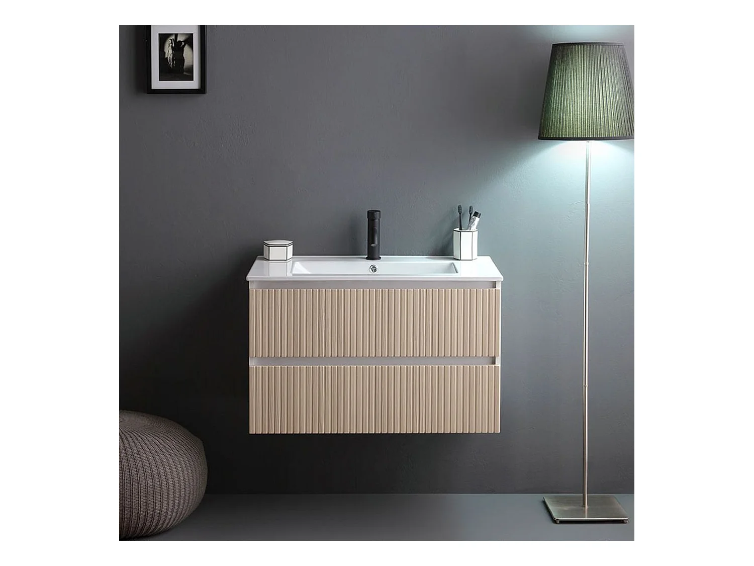 Mobile bagno "Santorini" sospeso 80 cm bianco e rovere con frontale cannettato e lavabo in ceramica