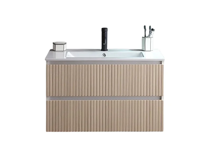 Mobile bagno "Santorini" sospeso 80 cm bianco e rovere con frontale cannettato e lavabo in ceramica