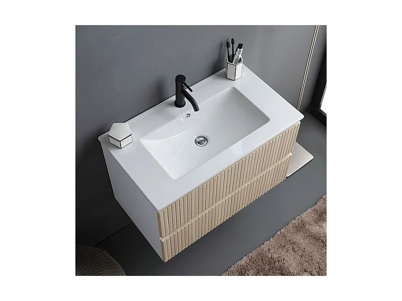 Mobile bagno "Santorini" sospeso 80 cm bianco e rovere con frontale cannettato e lavabo in ceramica