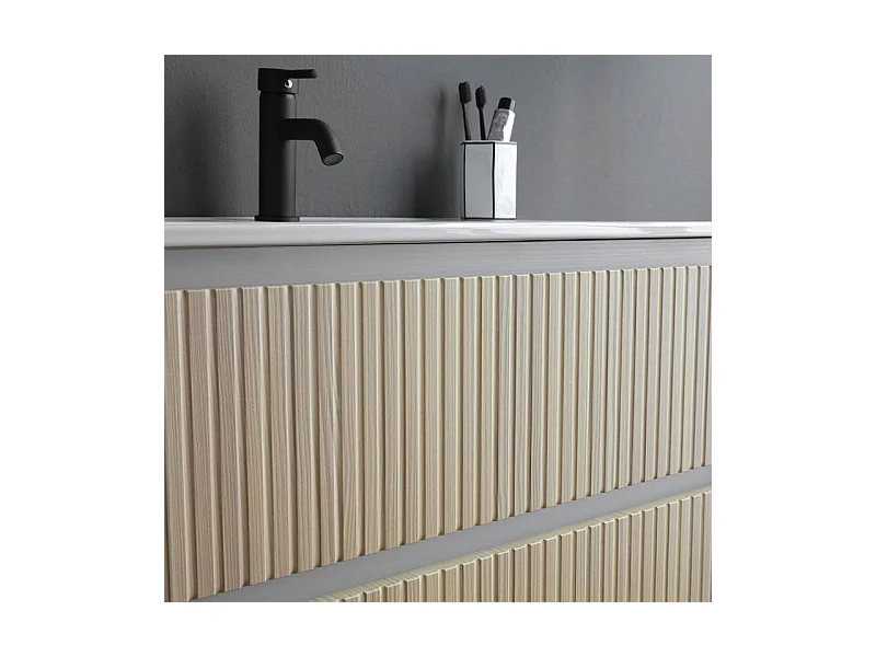 Mobile bagno "Santorini" sospeso 80 cm bianco e rovere con frontale cannettato e lavabo in ceramica