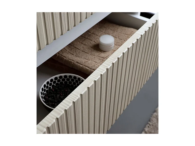 Mobile bagno "Santorini" sospeso 80 cm bianco e rovere con frontale cannettato e lavabo in ceramica