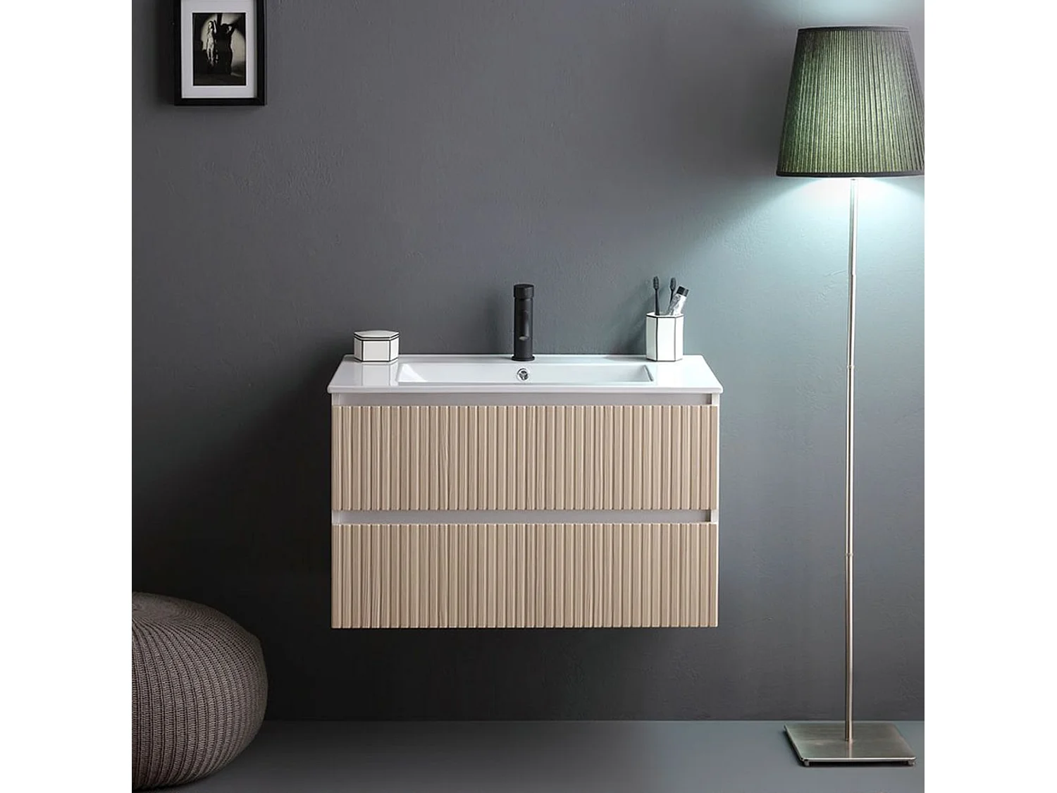 Mobile bagno "Santorini" sospeso 80 cm bianco e rovere con frontale cannettato e lavabo in ceramica