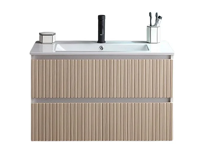 Mobile bagno "Santorini" sospeso 80 cm bianco e rovere con frontale cannettato e lavabo in ceramica