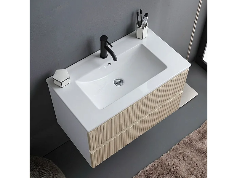 Mobile bagno "Santorini" sospeso 80 cm bianco e rovere con frontale cannettato e lavabo in ceramica