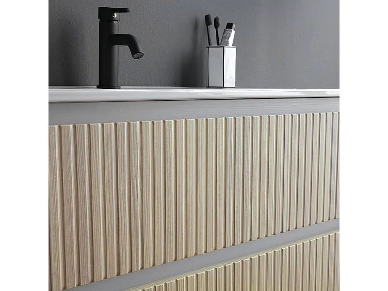 Mobile bagno "Santorini" sospeso 80 cm bianco e rovere con frontale cannettato e lavabo in ceramica