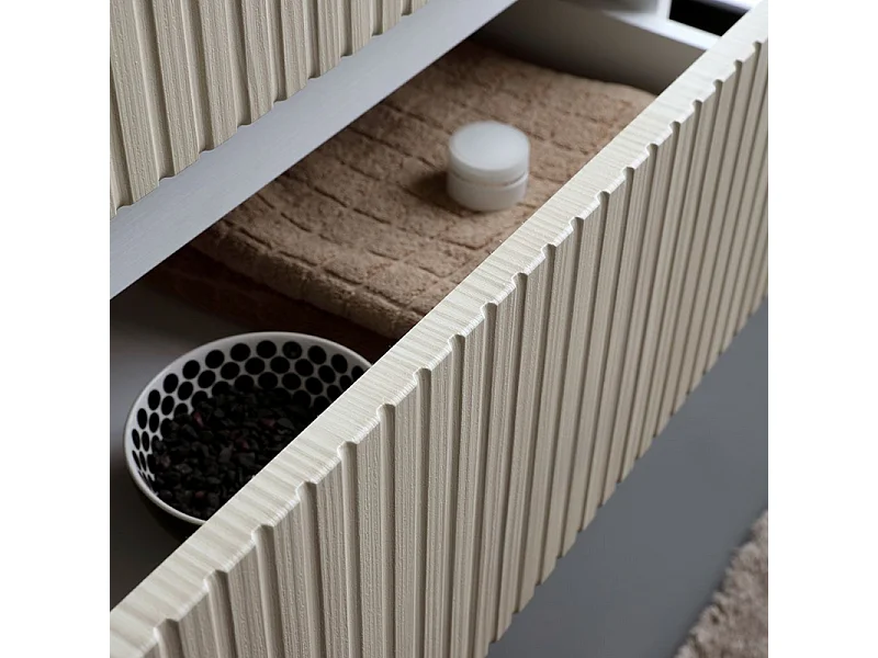 Mobile bagno "Santorini" sospeso 80 cm bianco e rovere con frontale cannettato e lavabo in ceramica