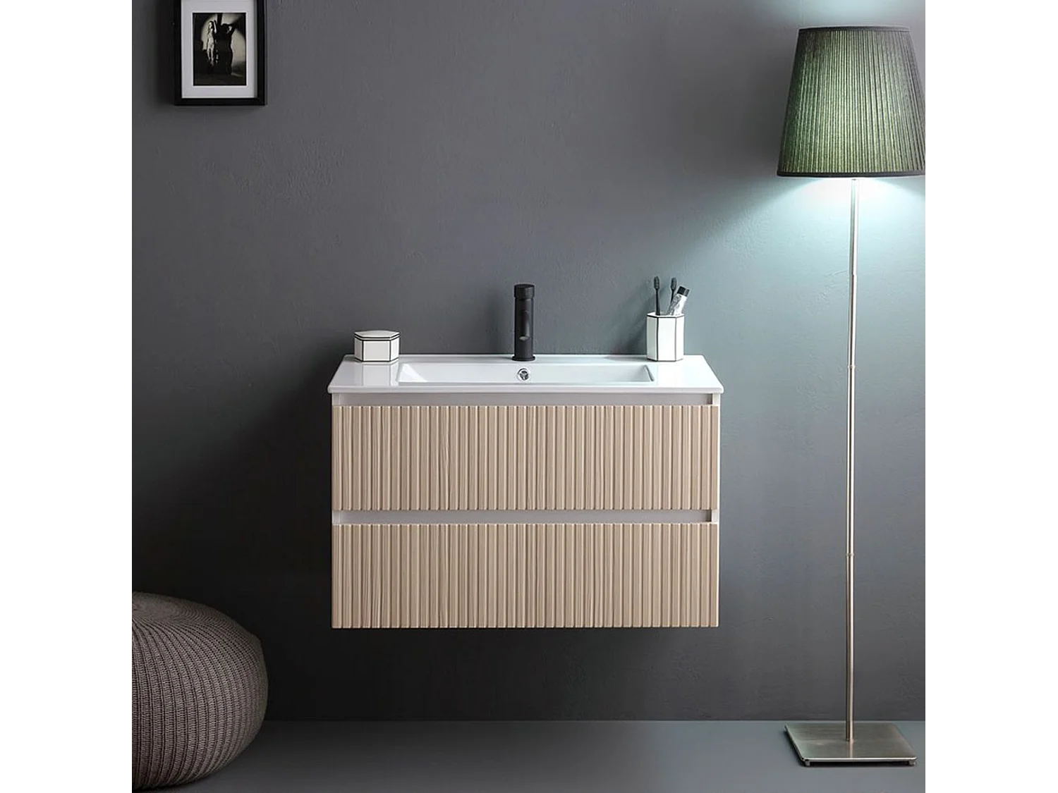 Mobile bagno "Santorini" sospeso 80 cm bianco e rovere con frontale cannettato e lavabo in ceramica