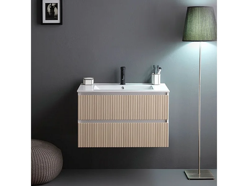 Mobile bagno "Santorini" sospeso 80 cm bianco e rovere con frontale cannettato e lavabo in ceramica