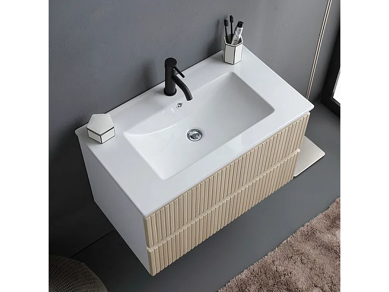 Mobile bagno "Santorini" sospeso 80 cm bianco e rovere con frontale cannettato e lavabo in ceramica