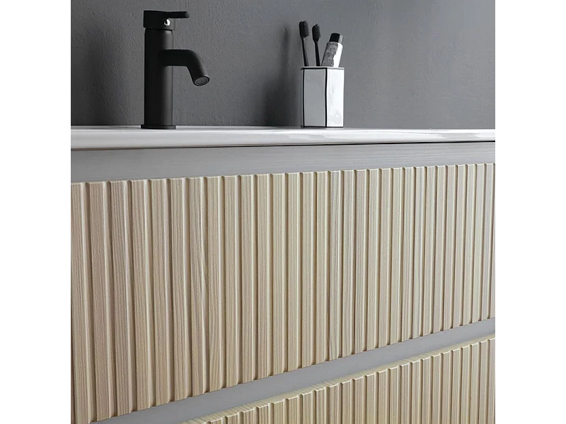 Mobile bagno "Santorini" sospeso 80 cm bianco e rovere con frontale cannettato e lavabo in ceramica