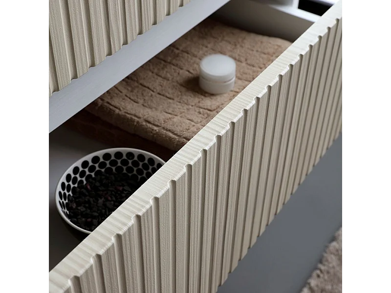 Mobile bagno "Santorini" sospeso 80 cm bianco e rovere con frontale cannettato e lavabo in ceramica