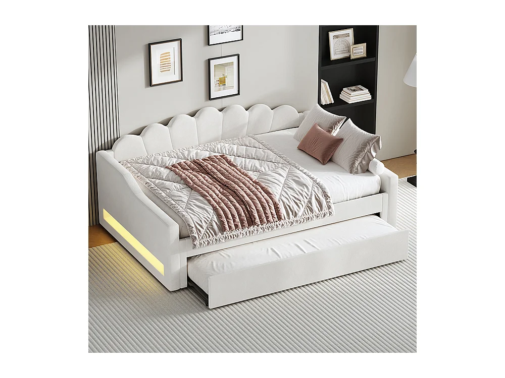 Lit banquette rembourré 140x200 bande LED lit gigogne beige