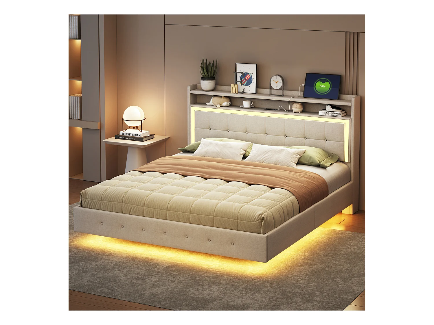 Lit capitonné 160×200cm, avec Prise USB et éclairage LED, Rangement Chevet, Pieds cachés, Lin, Beige