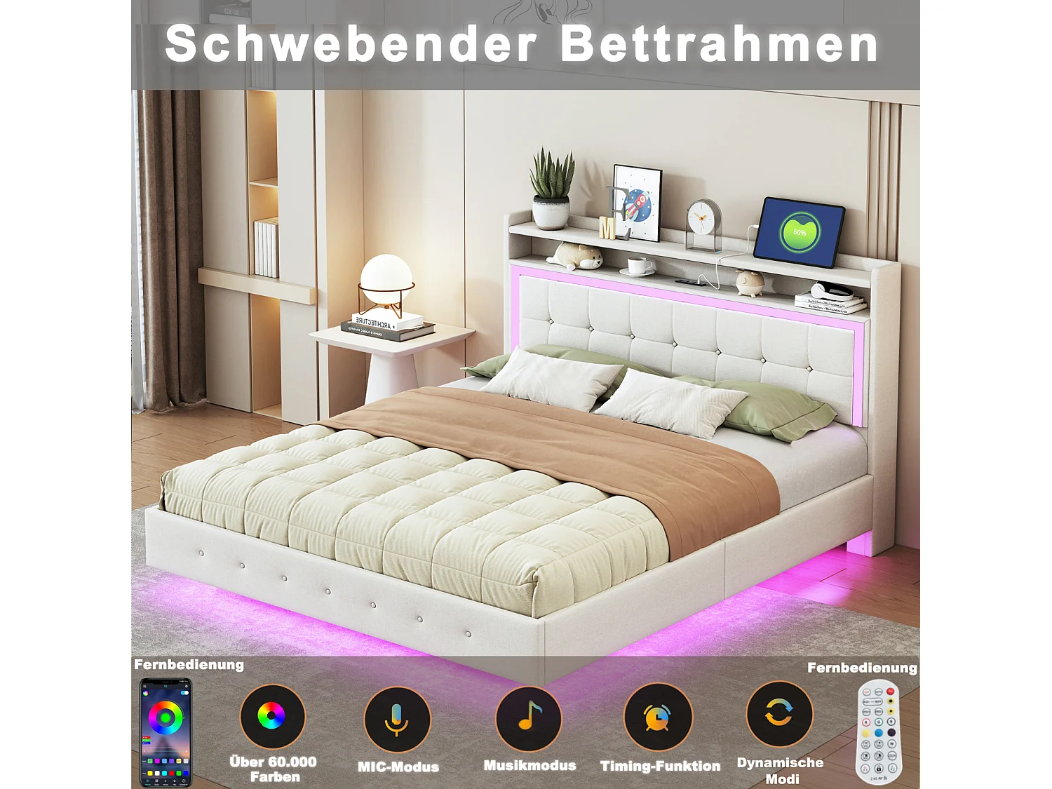 Lit capitonné 160×200cm, avec Prise USB et éclairage LED, Rangement Chevet, Pieds cachés, Lin, Beige