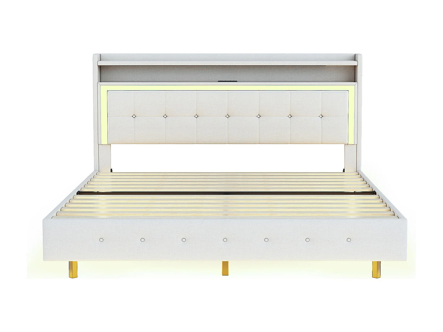 Lit capitonné 160×200cm, avec Prise USB et éclairage LED, Rangement Chevet, Pieds cachés, Lin, Beige