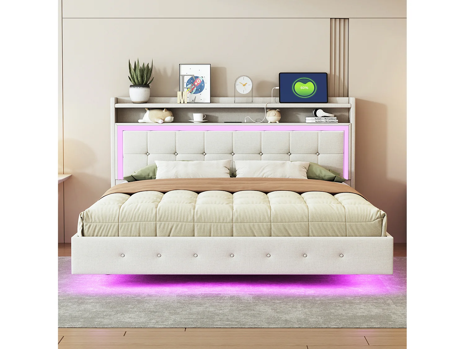 Gestoffeerd bed 160x200cm, met USB-aansluiting en LED-verlichting, nachtkastje met opbergruimte, verborgen poten, linnen, beige