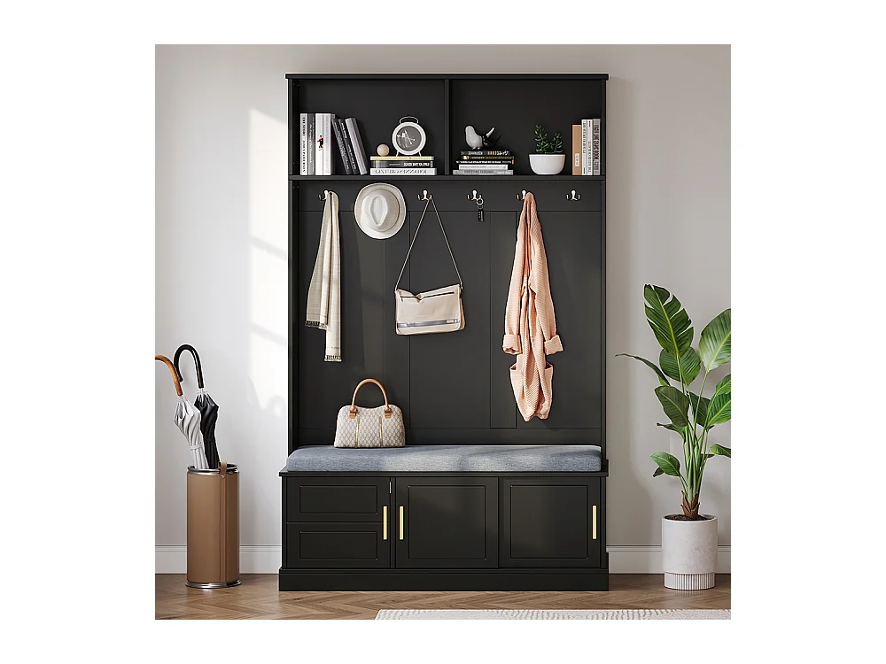 Vestiaire noir porte-manteau banc à chaussures 6 crochets triples indépendant entrée couloir
