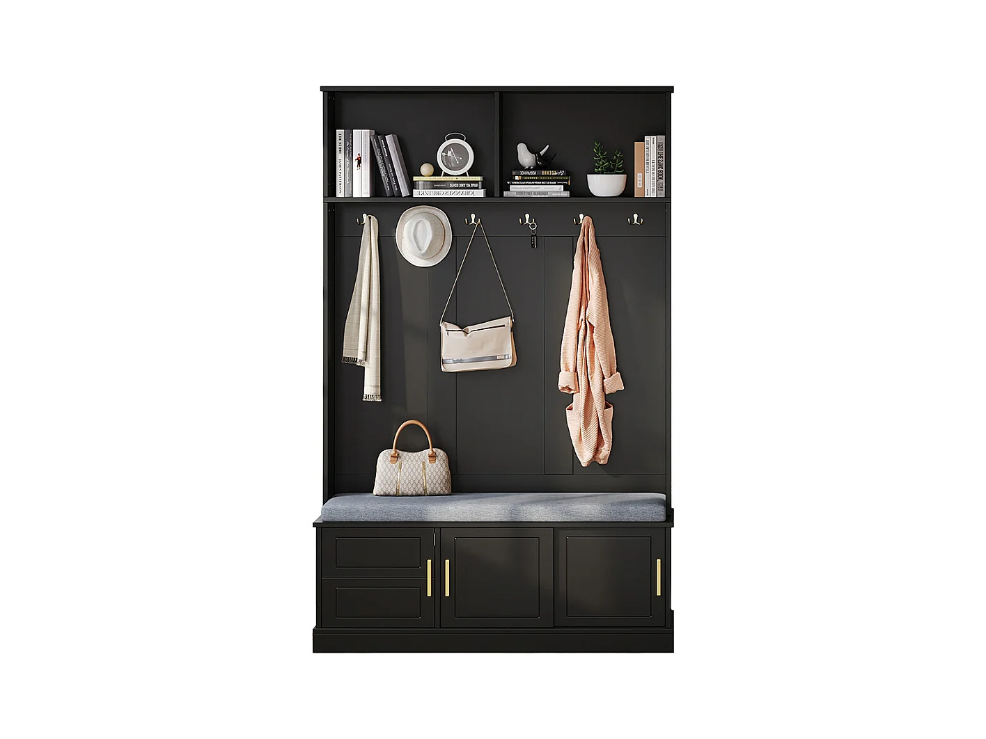 Vestiaire noir porte-manteau banc à chaussures 6 crochets triples indépendant entrée couloir