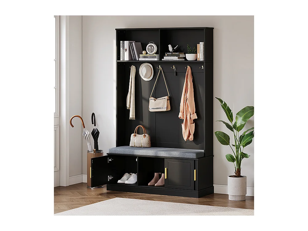 Vestiaire noir porte-manteau banc à chaussures 6 crochets triples indépendant entrée couloir