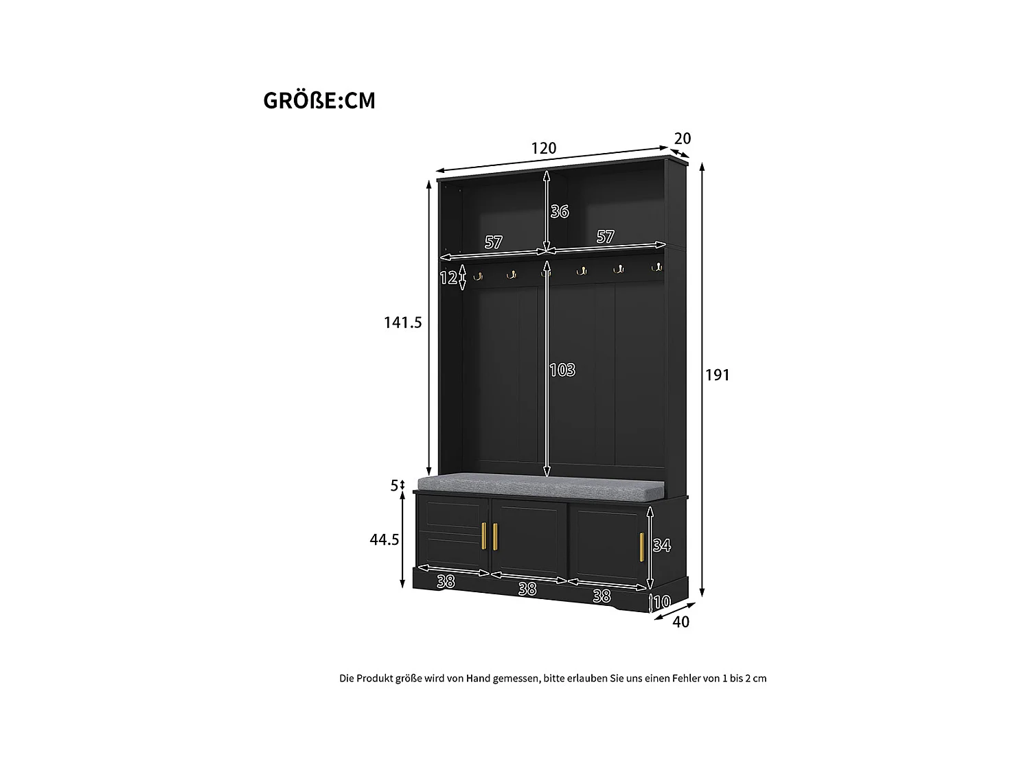 Vestiaire noir porte-manteau banc à chaussures 6 crochets triples indépendant entrée couloir