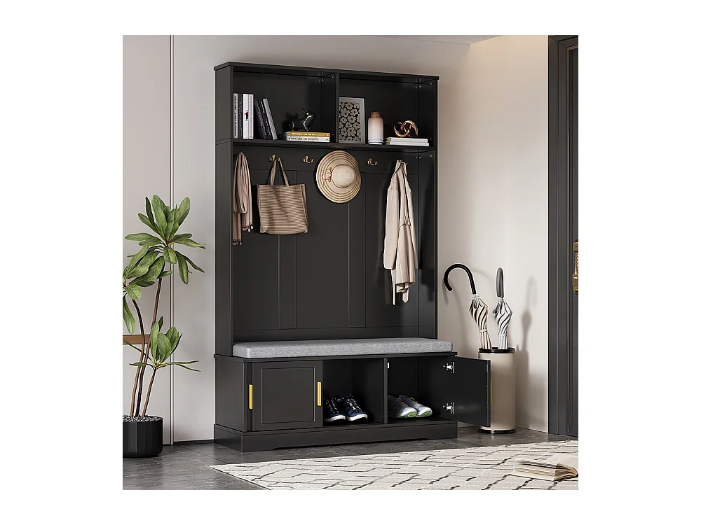 Vestiaire noir porte-manteau banc à chaussures 6 crochets triples indépendant entrée couloir